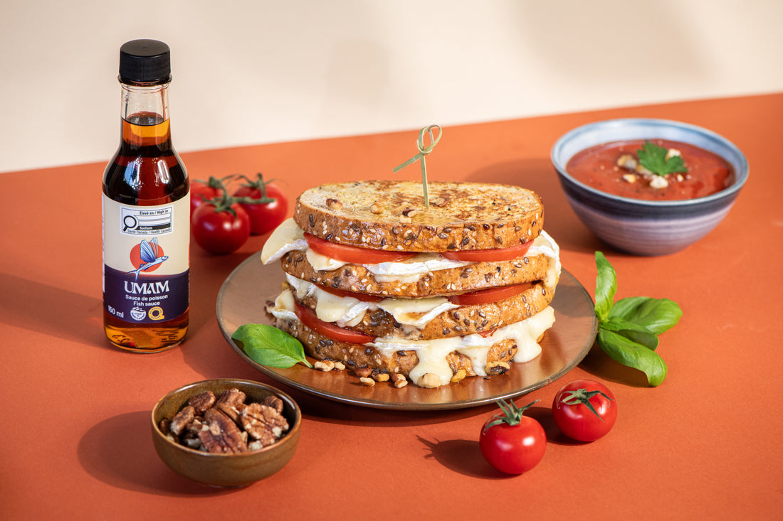 Pain doré salé au Brie d'ici, tomates et noix